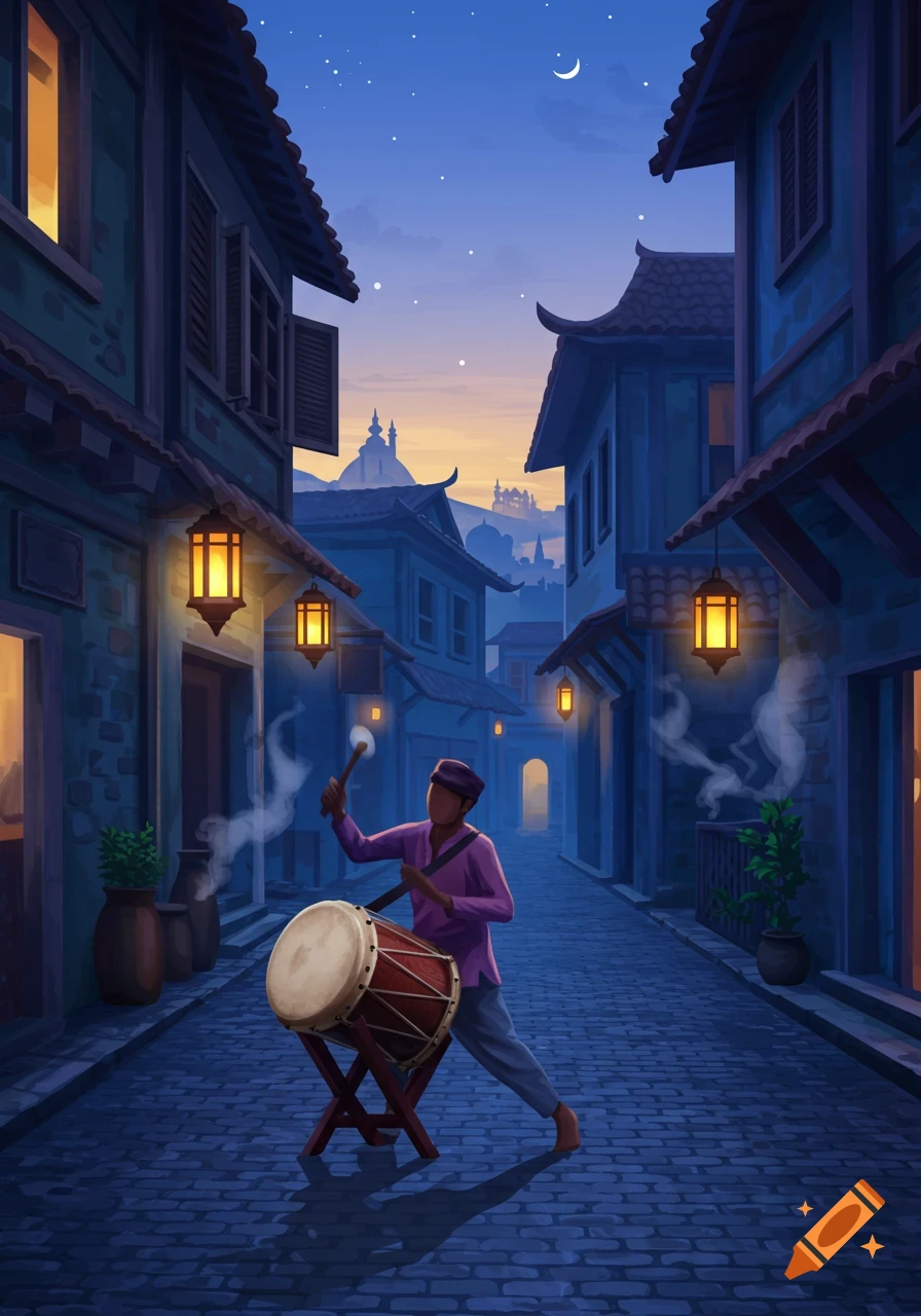 Illustration of a Musaharati drummer playing a drum in a traditional street at night, illuminated by lanterns and a crescent moon.