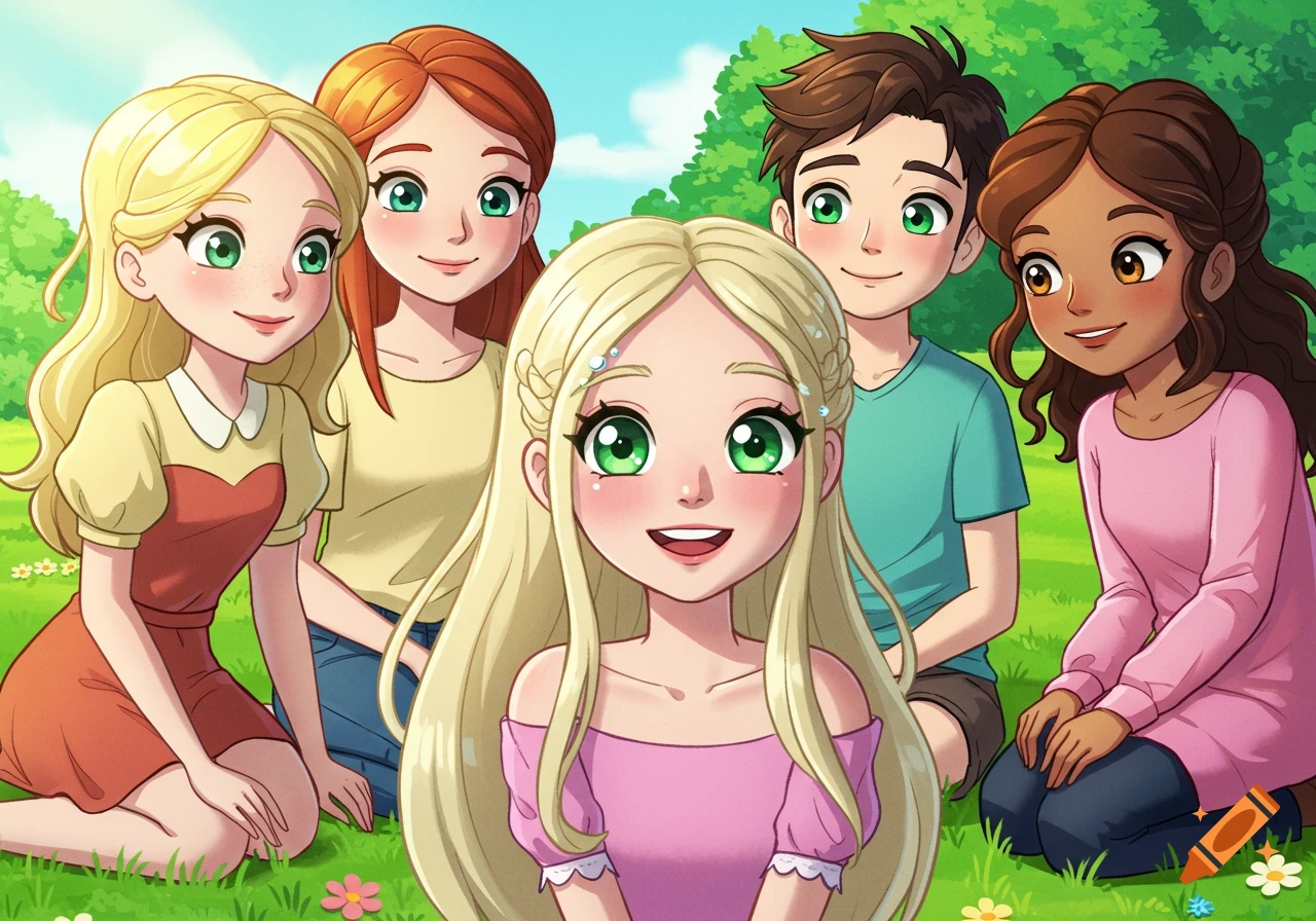 Five smiling cartoon friends with diverse hair colors sit outdoors on green grass.