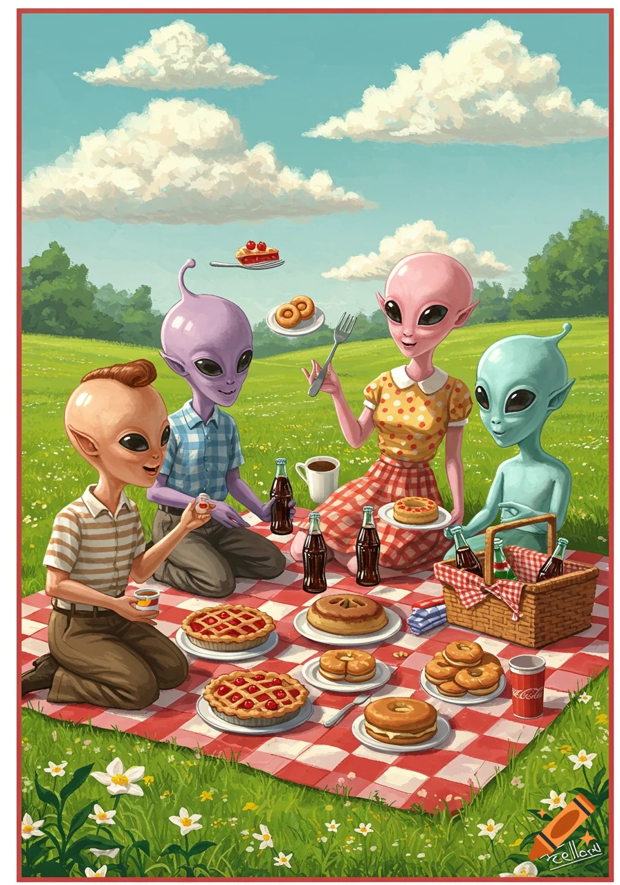 Four colorful aliens in 1950s attire enjoy a picnic with pies and drinks on a red and white checkered blanket in a grassy field under a cloudy sky.