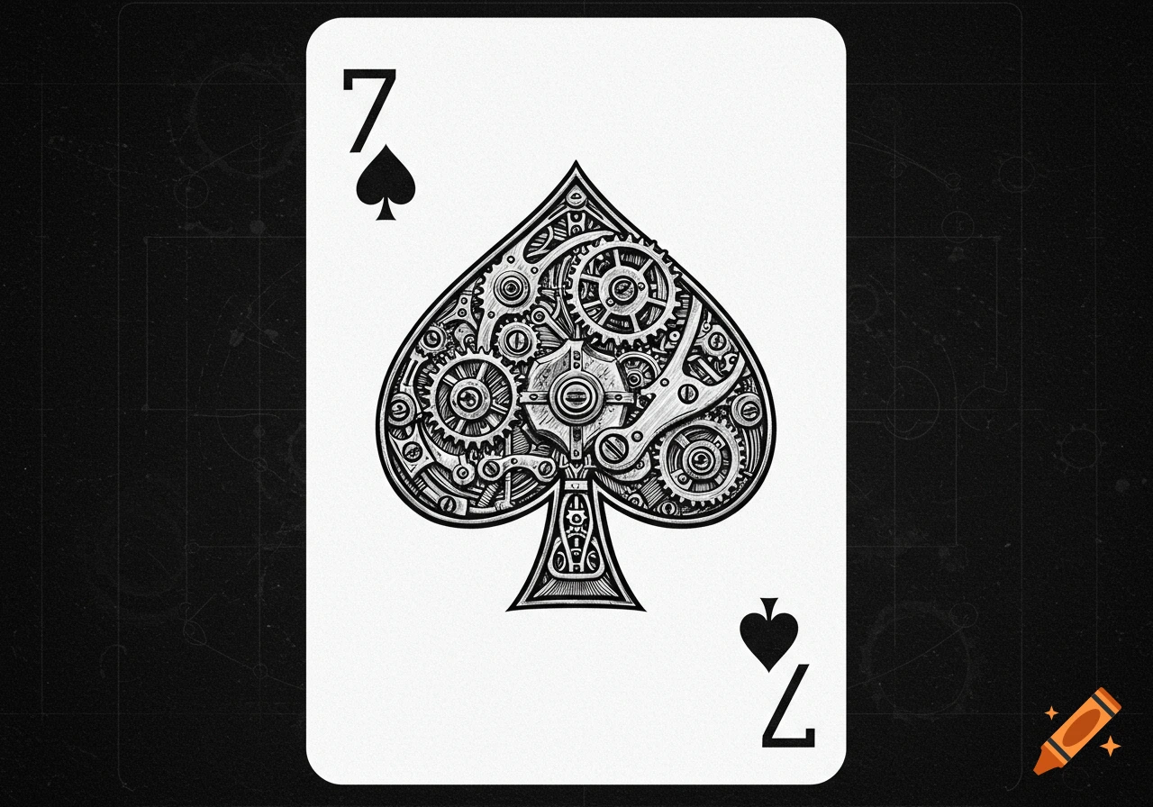 A black and white illustration of a 7 of Spades playing card, with the spade suit symbol intricately detailed with mechanical gears and steampunk elements.