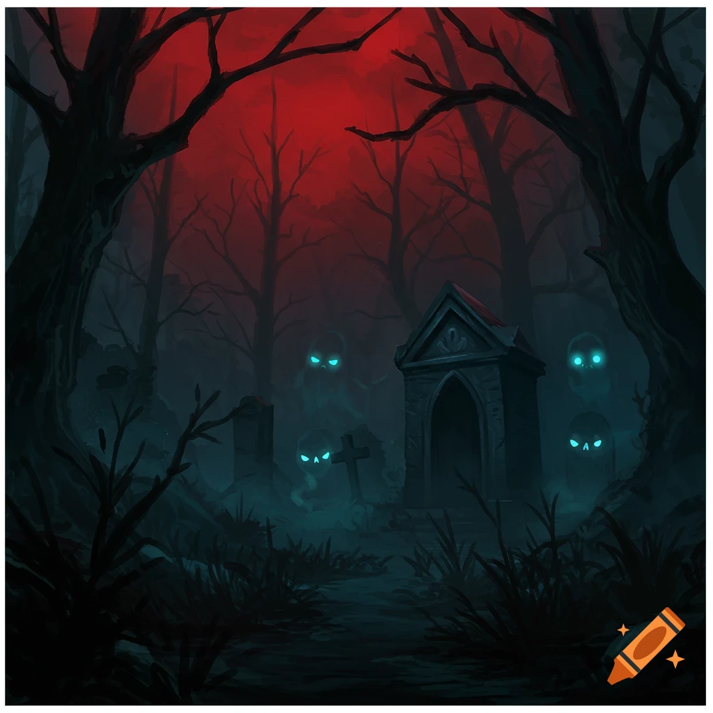 Eerie illustration of a dark, foggy forest graveyard with a mausoleum, gravestones, and glowing blue skull ghosts.