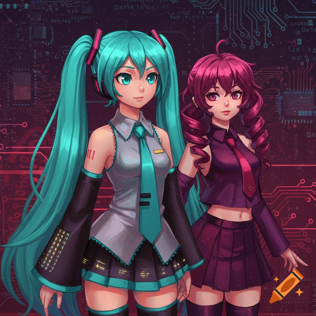 Two anime-style girls, Miku with teal pigtails and a grey and teal outfit, and Teto with magenta curly hair and a purple outfit, against a circuit board background.