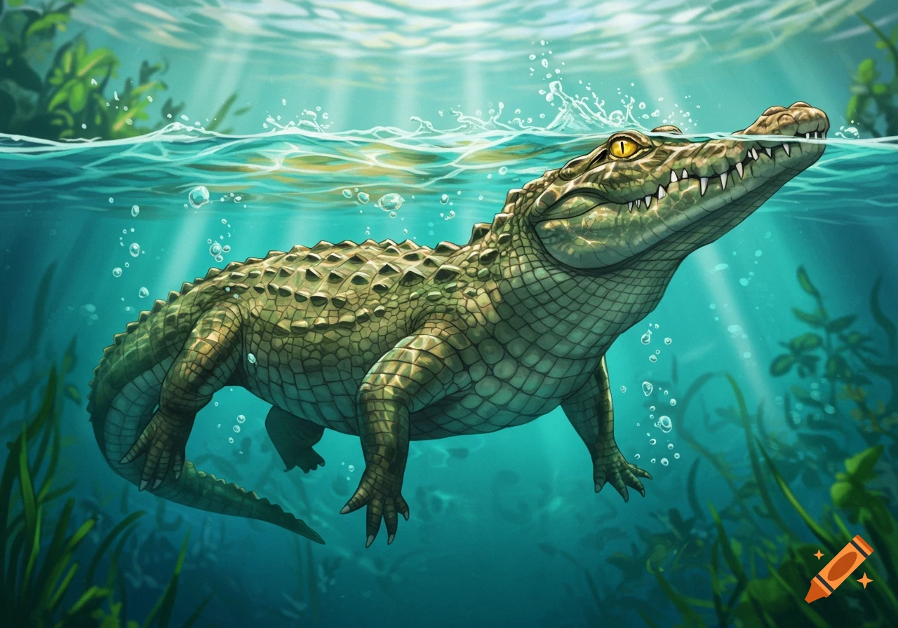 An illustrative crocodile swims in clear blue water, its head above the surface, surrounded by plants and sunlight.