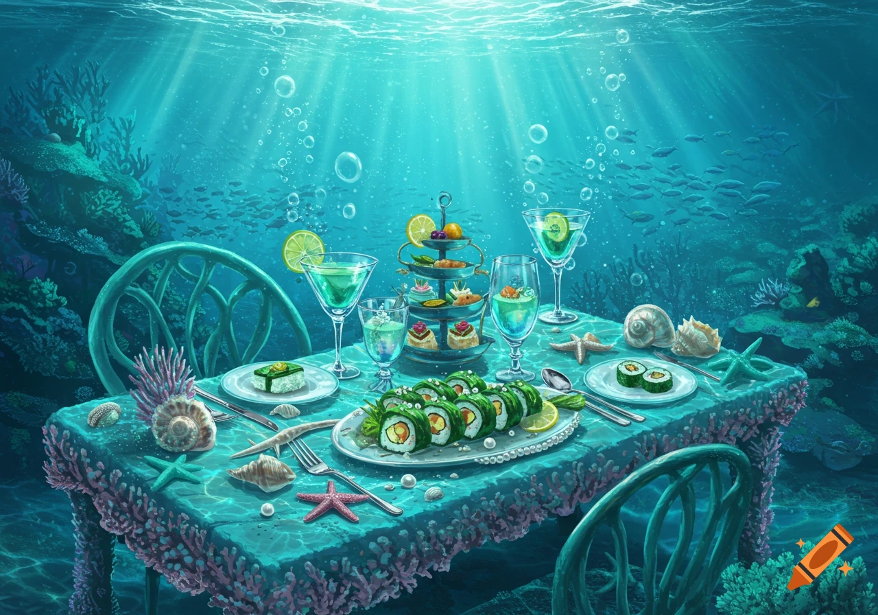 An underwater dining table set with sushi, cocktails, and desserts ...