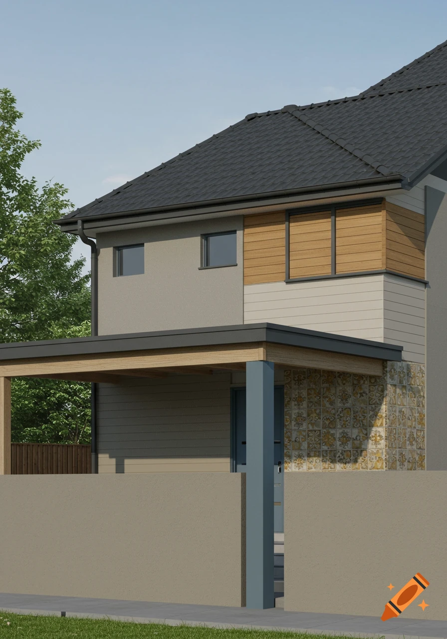 A modern house with a dark gray roof, light beige and wood-paneled walls, a patterned tiled section, and a blue pillar supporting a porch.