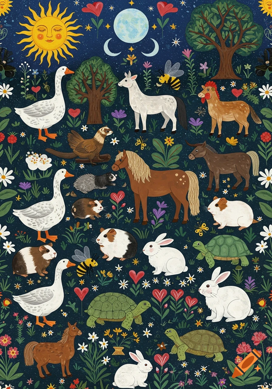 A vibrant folk art pattern with geese, rabbits, guinea pigs, horses, turtles, a ferret, and bees among flowers, sun, moon, and stars on a dark blue background.