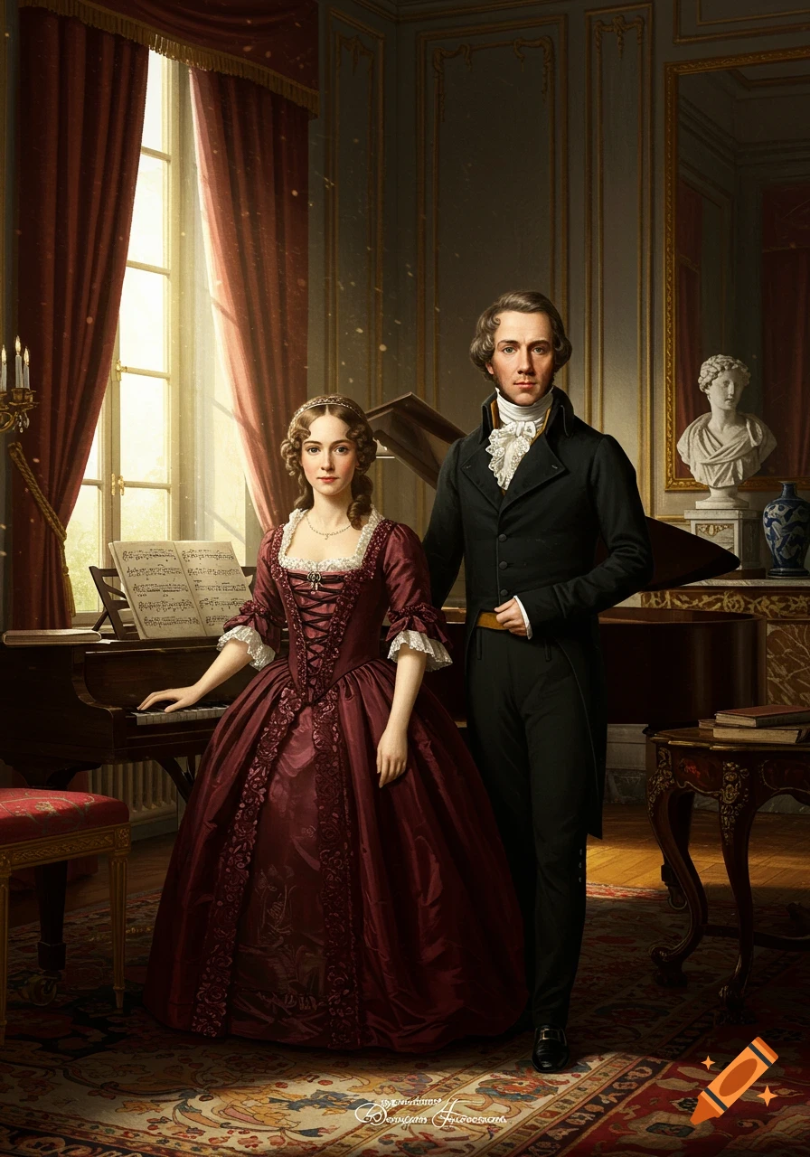 A formal portrait of a man and woman in 19th-century attire standing by a piano in an ornate, richly decorated room.