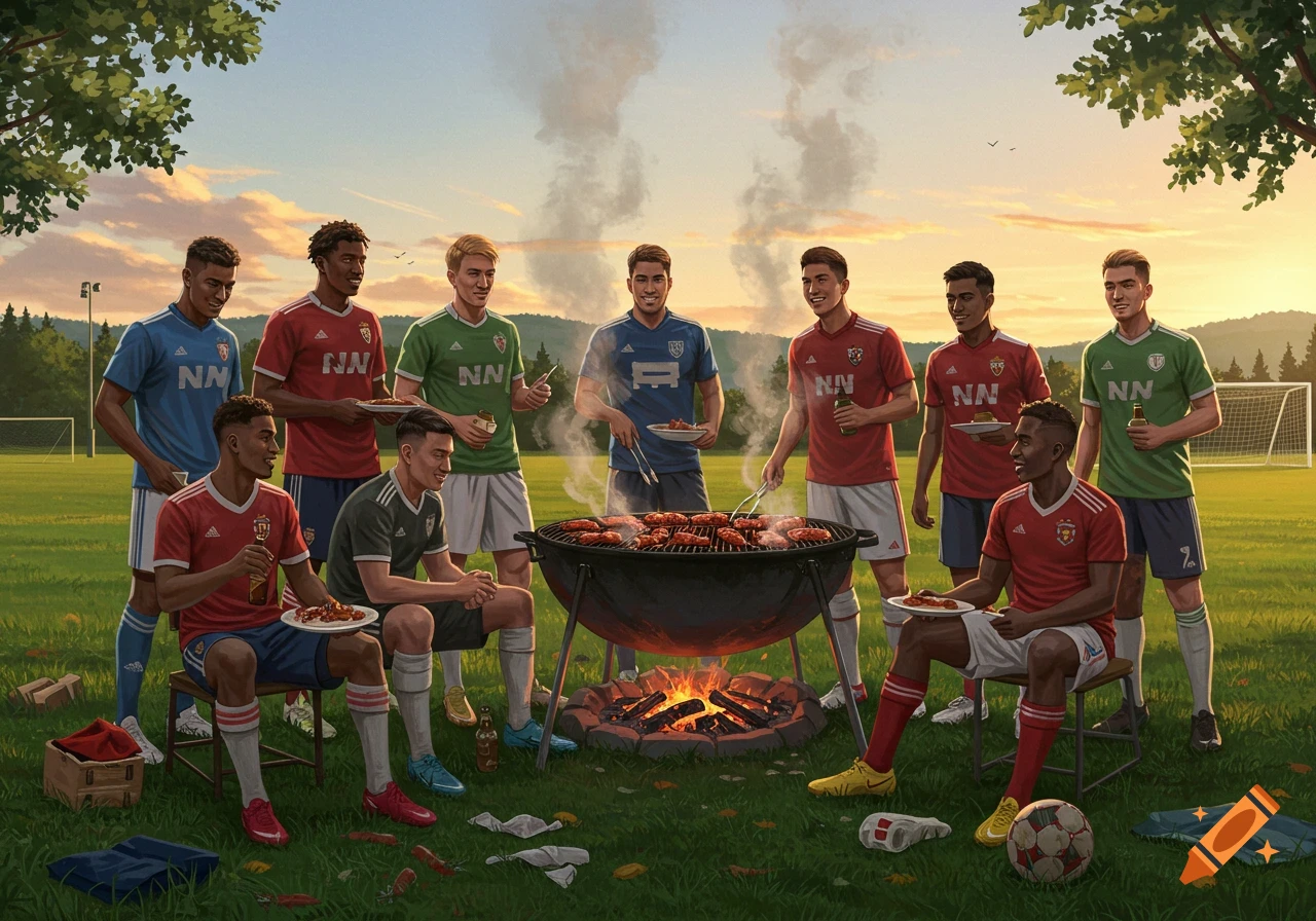 A group of diverse male soccer players in various team jerseys grilling sausages on a barbecue at sunset on a soccer field.