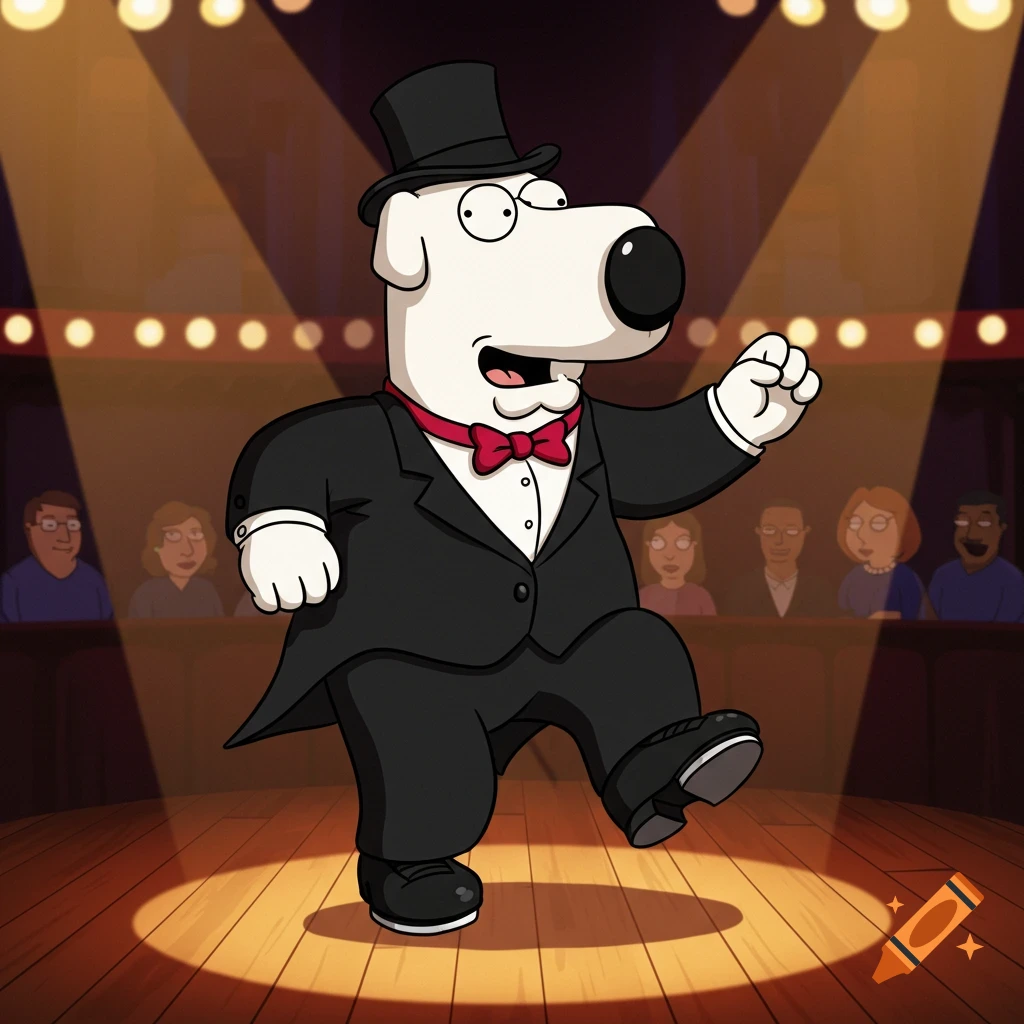 Brian Griffin from Family Guy tap dancing on a spotlighted stage in a tuxedo and top hat, cartoon style.