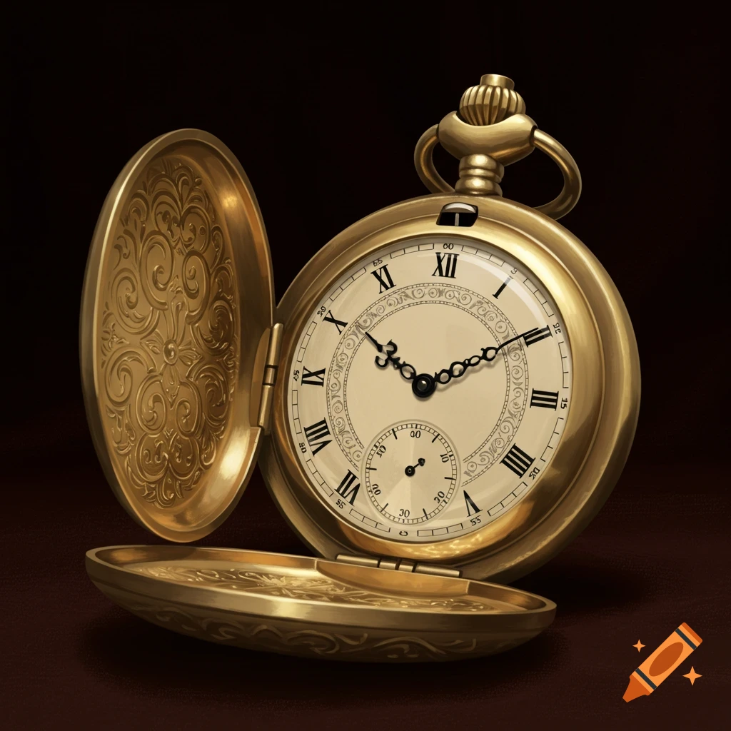 A golden antique pocket watch with its ornate lid open, displaying Roman numerals and a sub-dial, against a dark background.