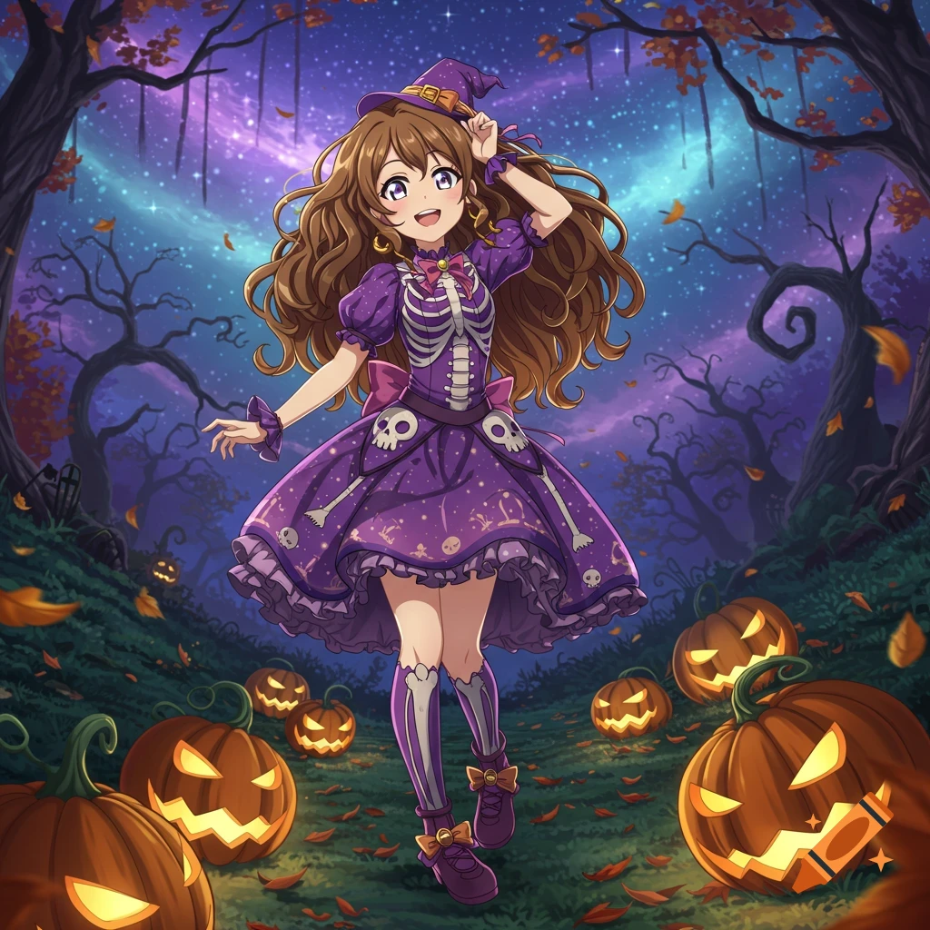An anime girl with long brown hair wears a purple skeleton witch costume in a spooky forest lit by jack-o'-lanterns and a starry night sky.