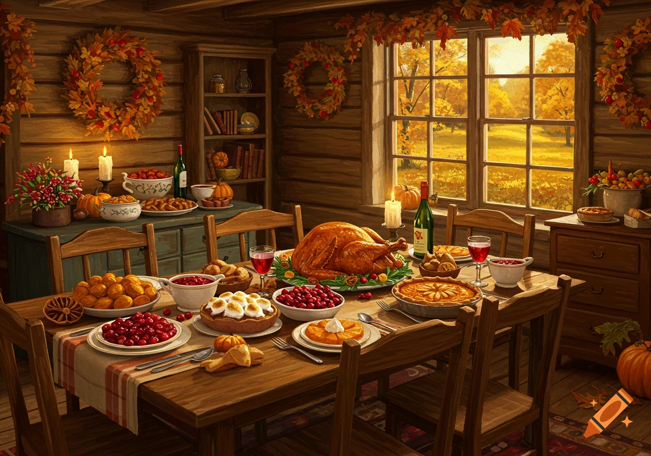 A rustic Thanksgiving dinner table with a roasted turkey, pies, cranberries, and candles, set in a cozy room with autumn leaves outside the window.