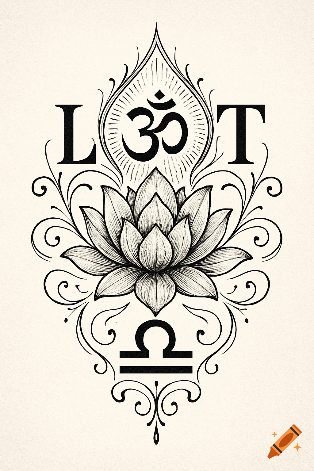 A black and white tattoo-style illustration featuring a detailed lotus flower, Om symbol, Libra symbol, and the letters L and T, on a textured background.