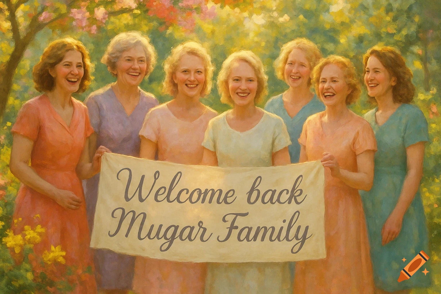 Seven smiling women in a painterly style hold a banner that reads "Welcome back Mugar Family" in a sunny garden.