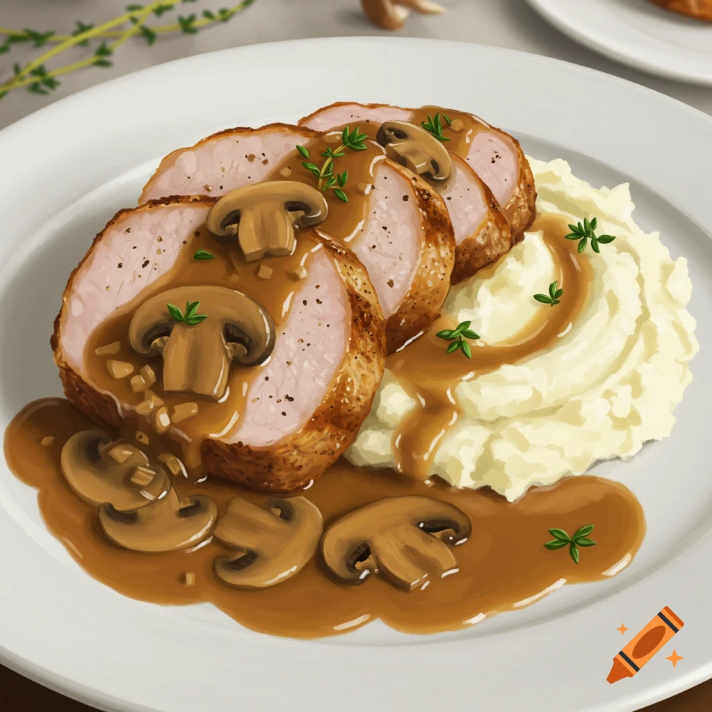 Slices of pork medallions with marsala mushroom sauce and mashed potatoes on a white plate, garnished with herbs.