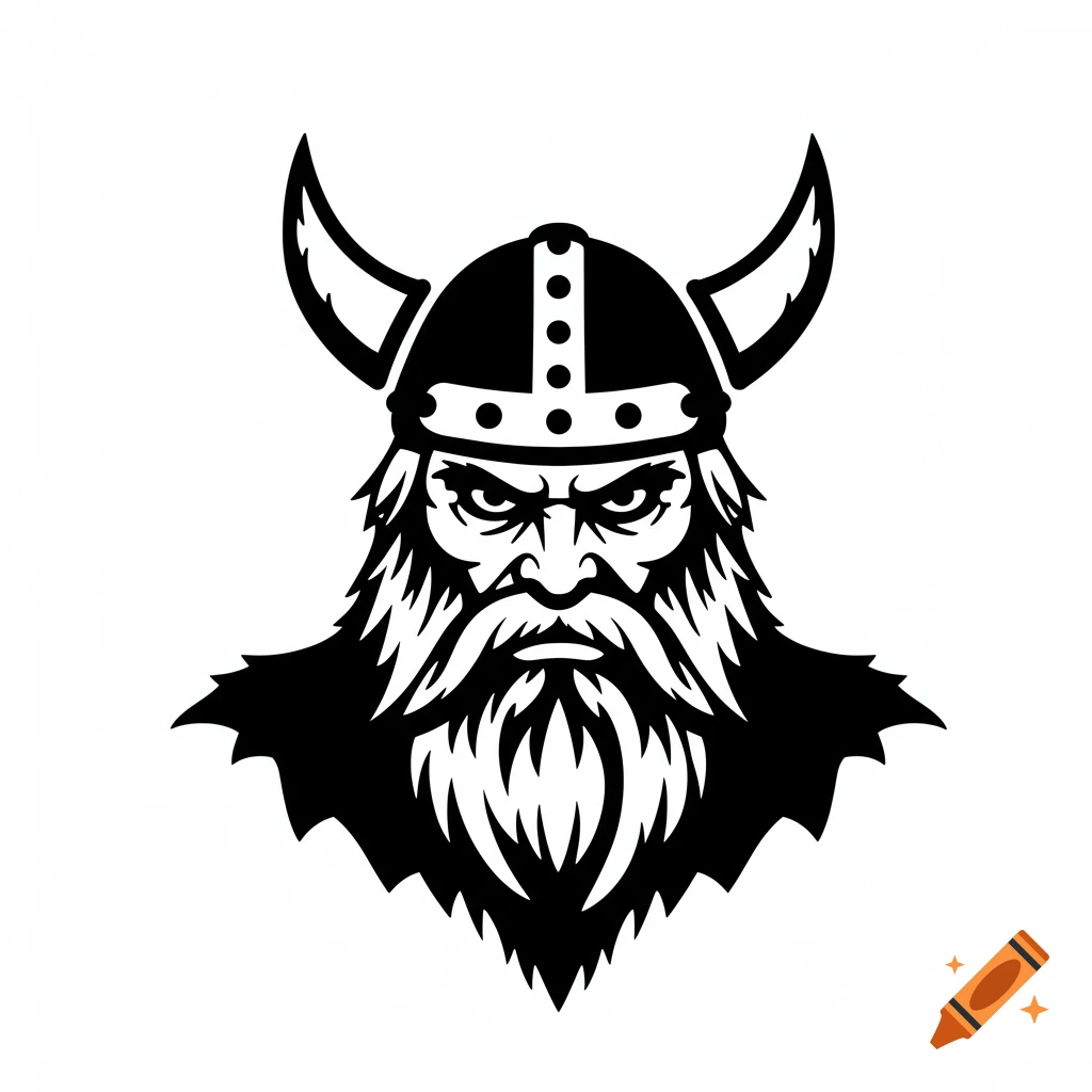 A black and white stencil design of a Viking head with a horned helmet, beard, and angry expression.