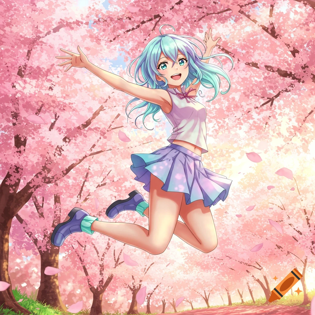 Smiling anime girl with light blue hair jumping under a canopy of pink cherry blossoms with falling petals.