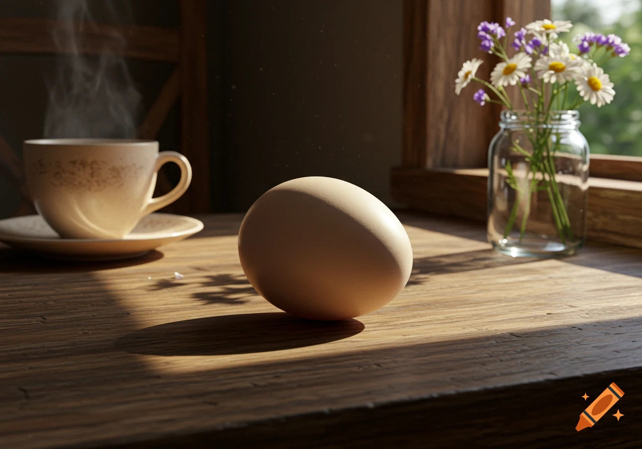 A photorealistic still life featuring an egg, a steaming cup of coffee, and a vase of daisies on a wooden table near a window.