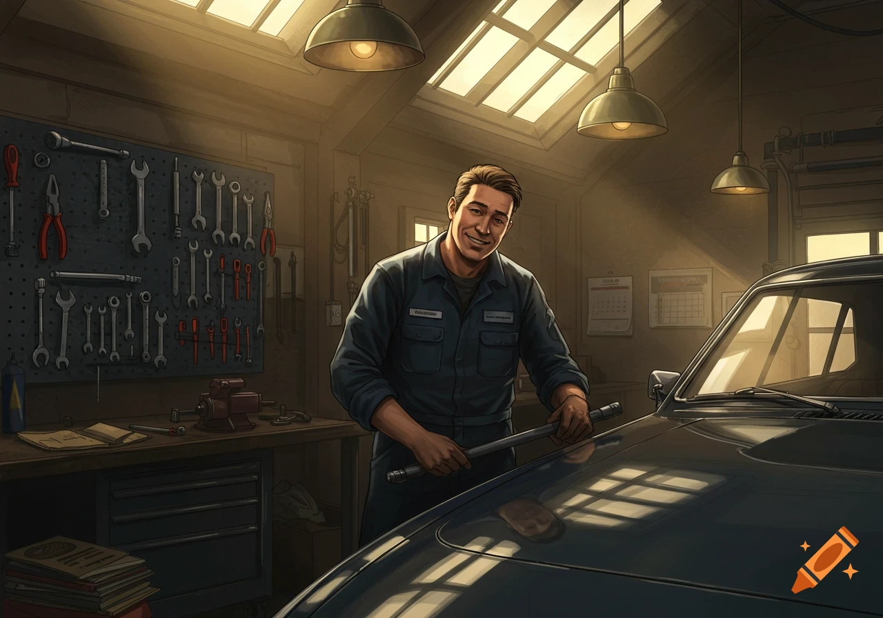 Smiling mechanic in a detailed garage, holding a tool over a car's hood, with organized tools on a pegboard behind him.