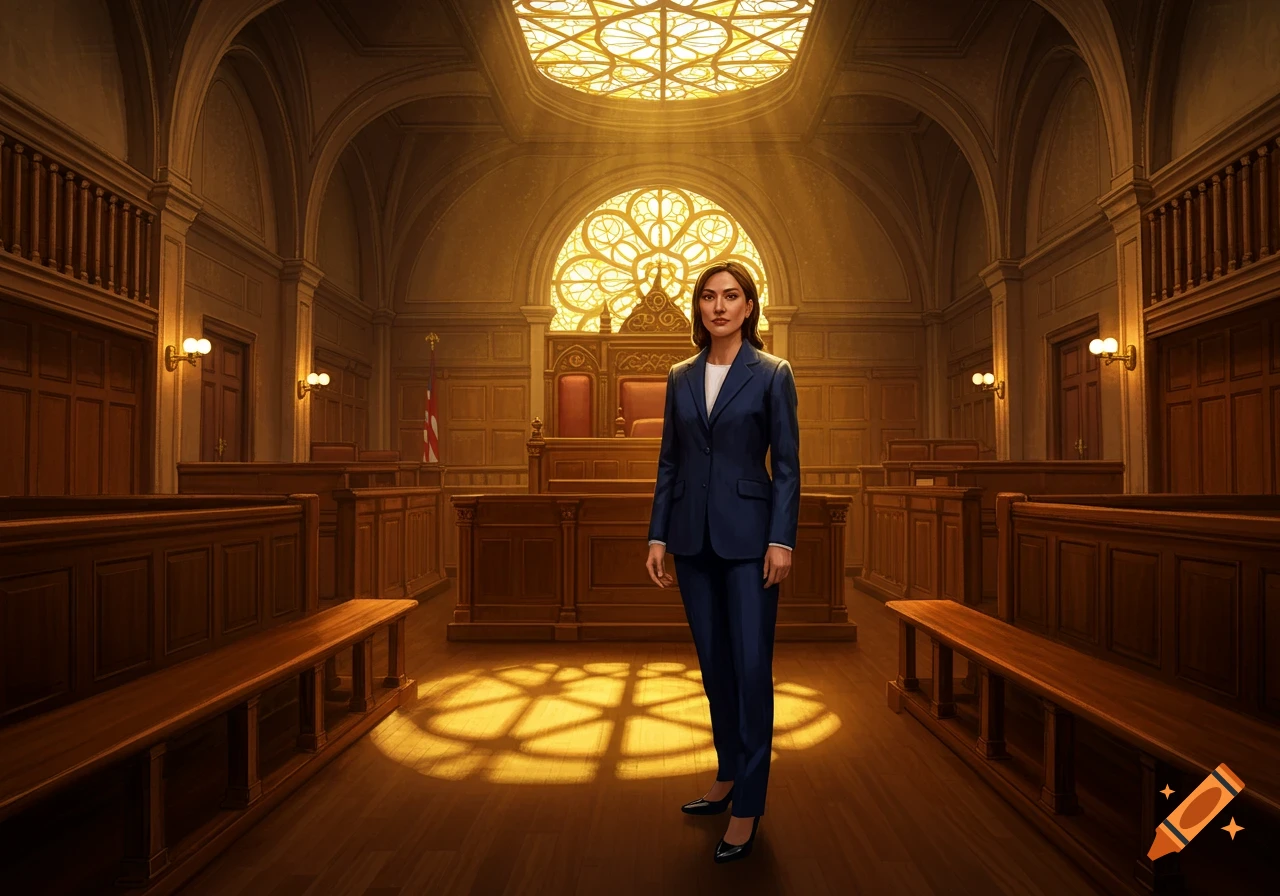 A woman in a navy suit stands in a grand, sunlit courtroom with wooden benches and ornate stained glass windows.