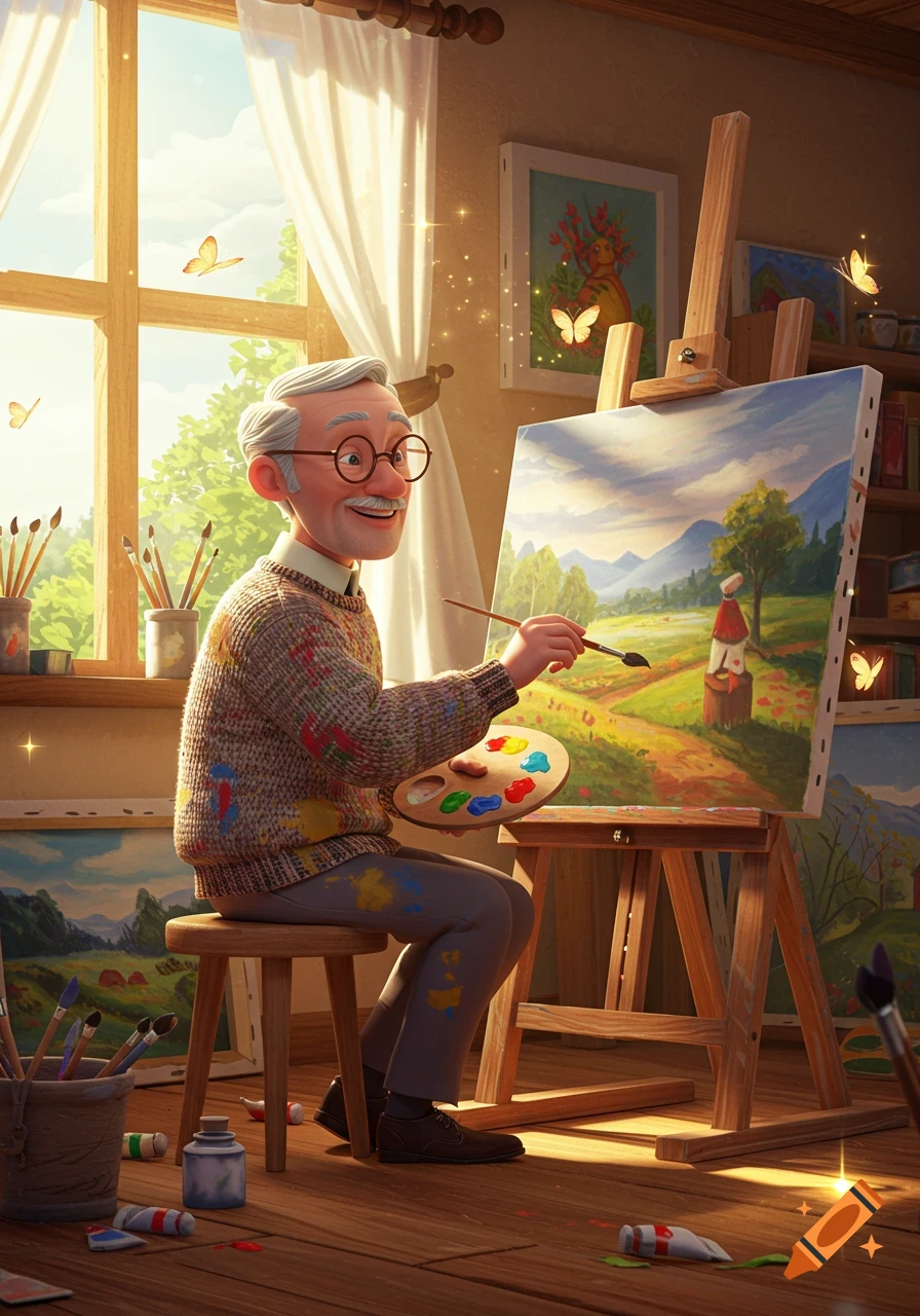Animated old man happily painting a vibrant landscape on an easel in a sunlit art studio with butterflies.