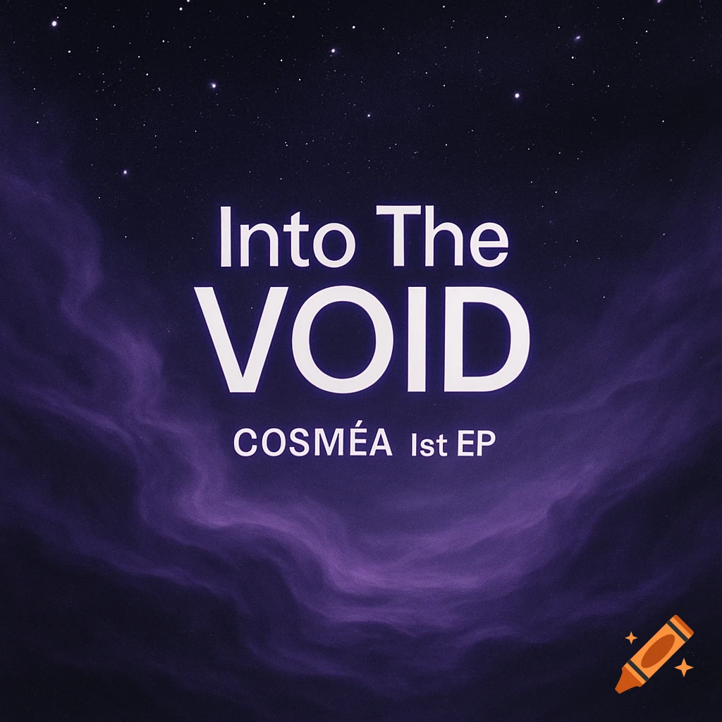 Text 'Into The VOID' and 'COSMÉA 1st EP' against a dark cosmic background with purple nebula and stars.