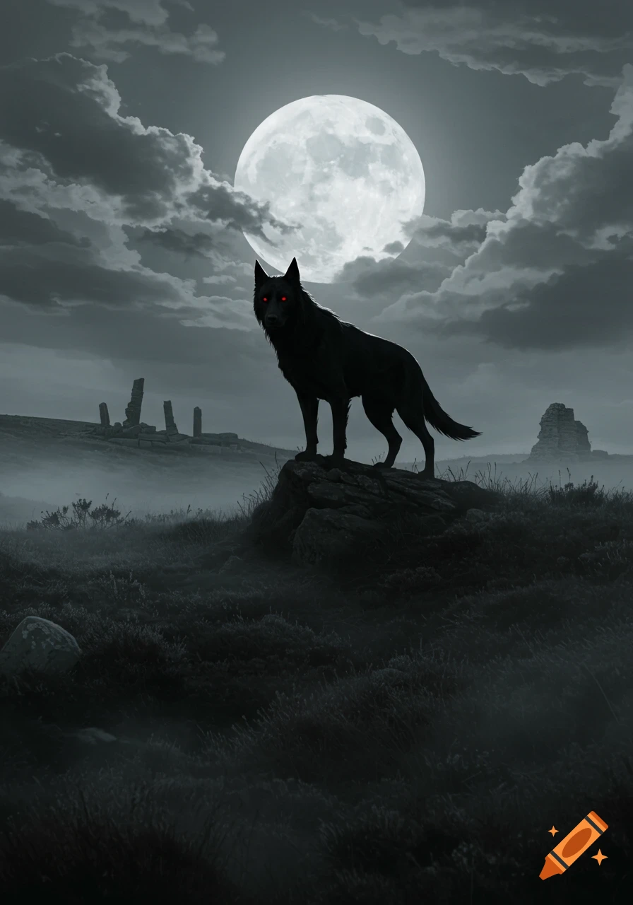 A black wolf with glowing red eyes stands on a rock under a full moon in a foggy, dark, desolate landscape with ancient standing stones.