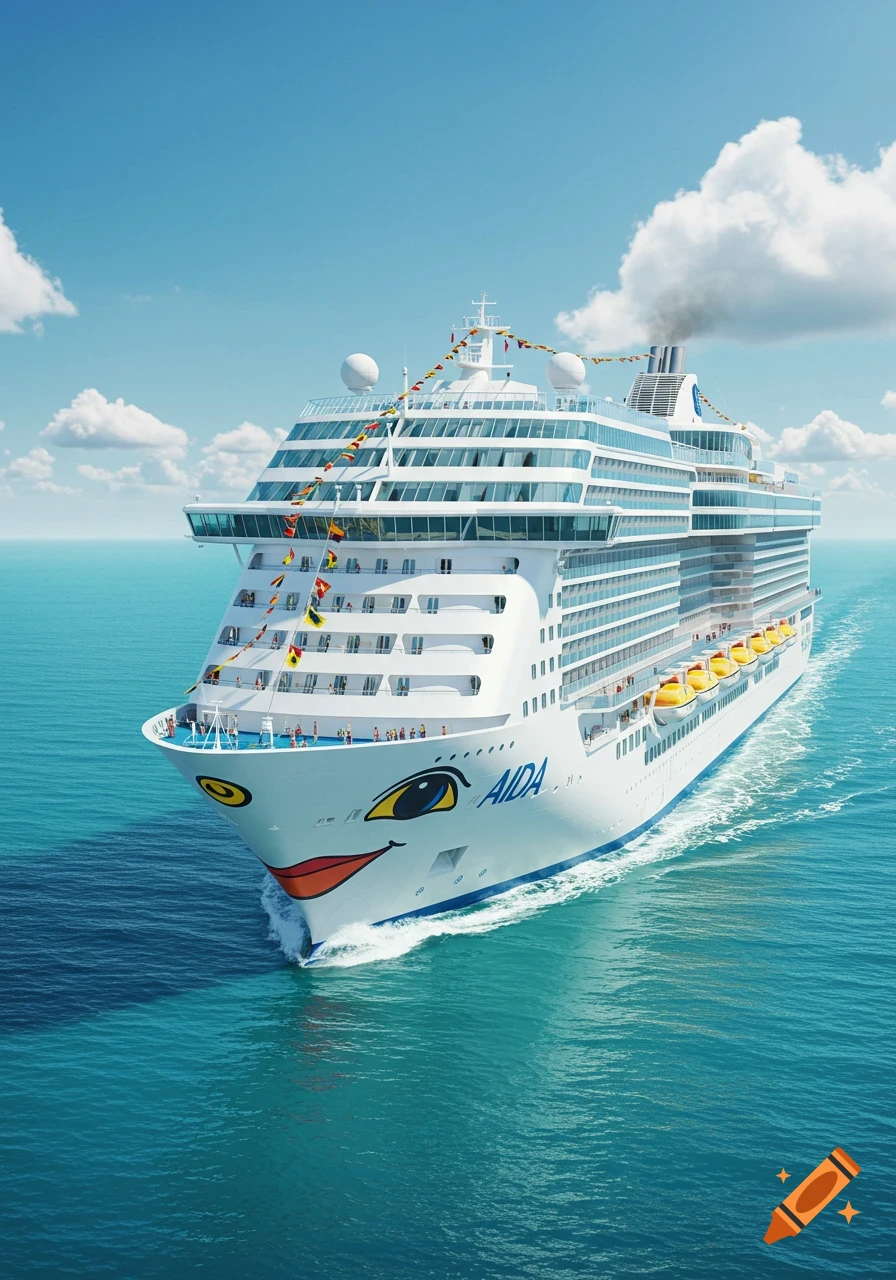 A large white AIDA cruise ship with a smiley face on its bow sails on clear blue ocean water under a partly cloudy sky.
