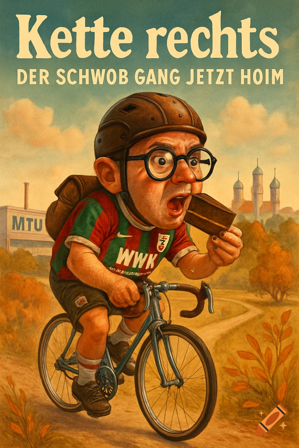 A vintage-style cartoon illustration shows a small, bespectacled man in an FC Augsburg jersey riding a bike and eating a slice of chocolate cake. Text reads "Kette rechts DER SCHWOB GANG JETZT HOIM". A factory and a town are in the background.