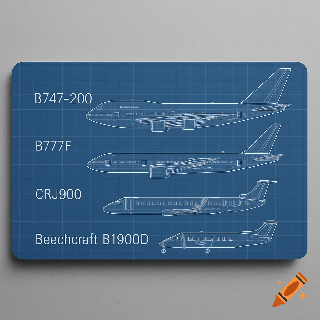 Four airplane blueprints for B747-200, B777F, CRJ900, and Beechcraft B1900D on a blue grid background, labeled clearly.