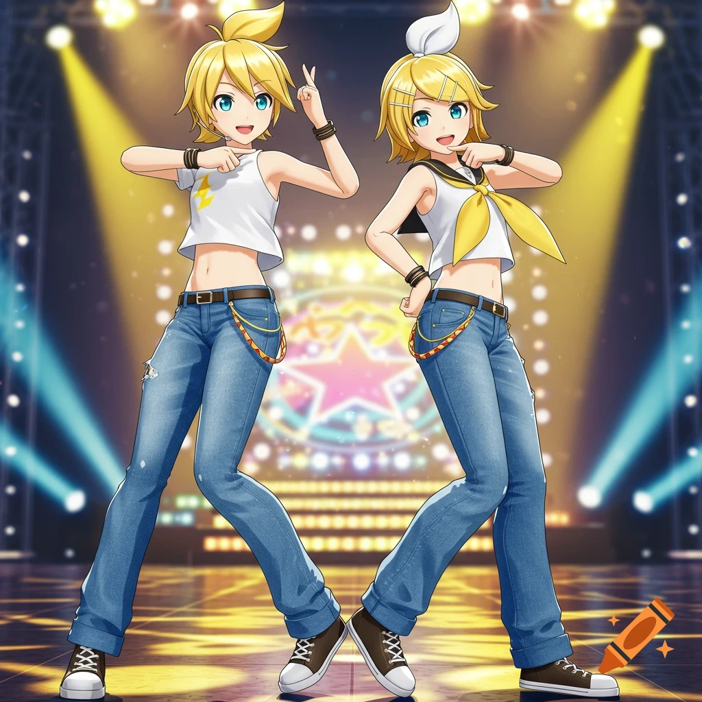 Anime characters Kagamine Len and Rin in jeans and crop tops pose on a brightly lit stage.