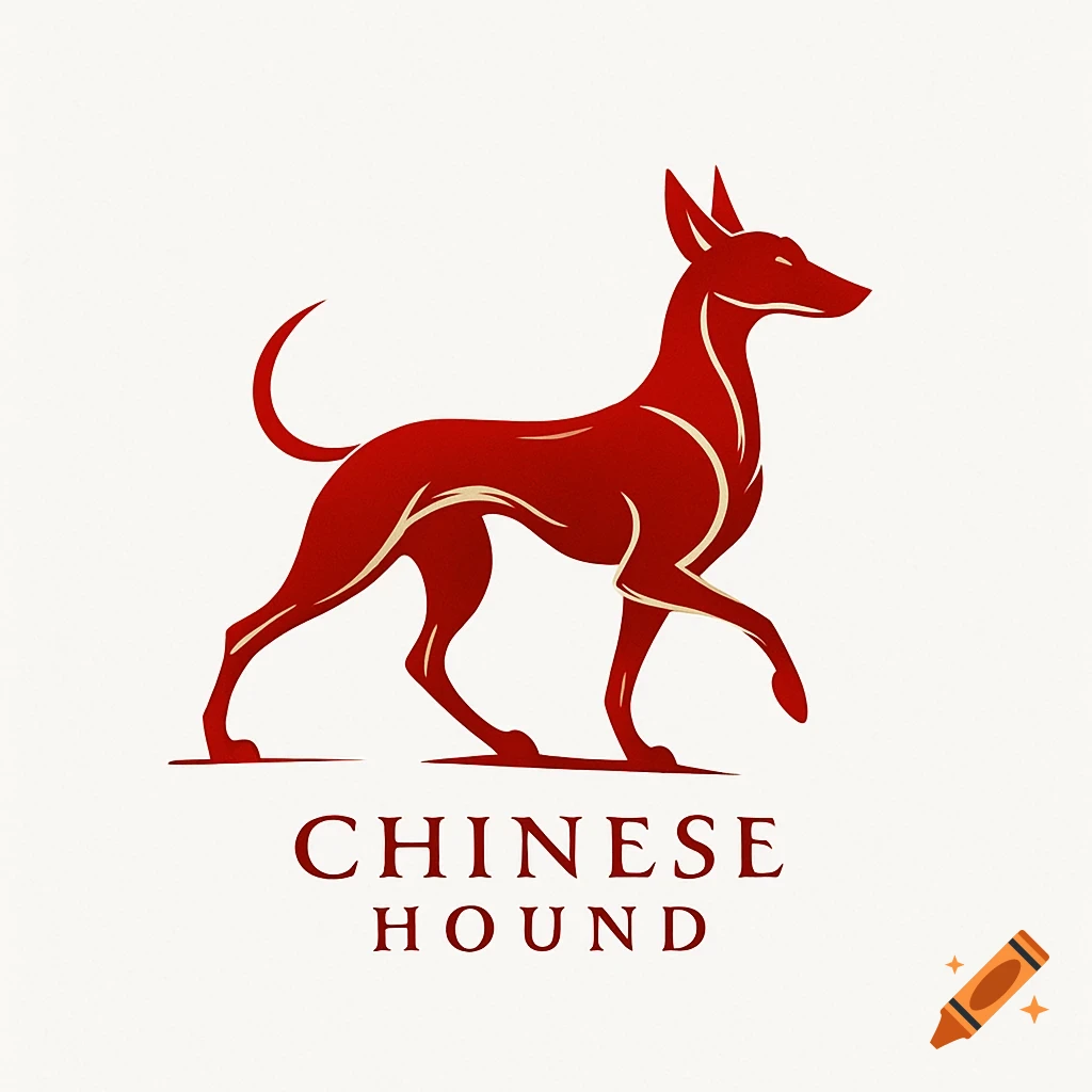 Minimalist red and gold logo of a Chinese hound dog walking, with 'CHINESE HOUND' text.