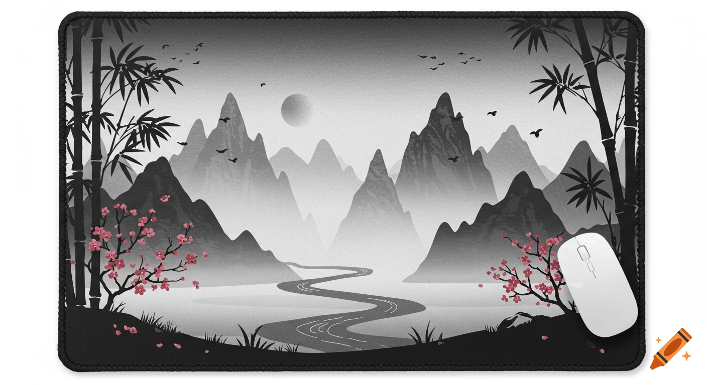 Mousepad with a black and white Asian landscape: misty mountains, bamboo, pink cherry blossoms, and a winding river, with a white mouse.