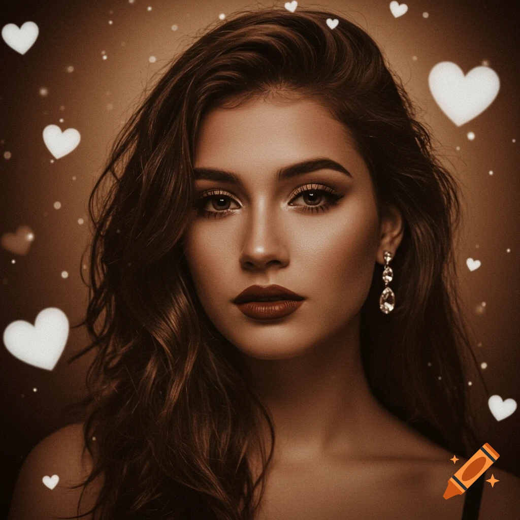Glamorous woman with dark hair, red lips, and a sparkling earring against a sepia background with white hearts.