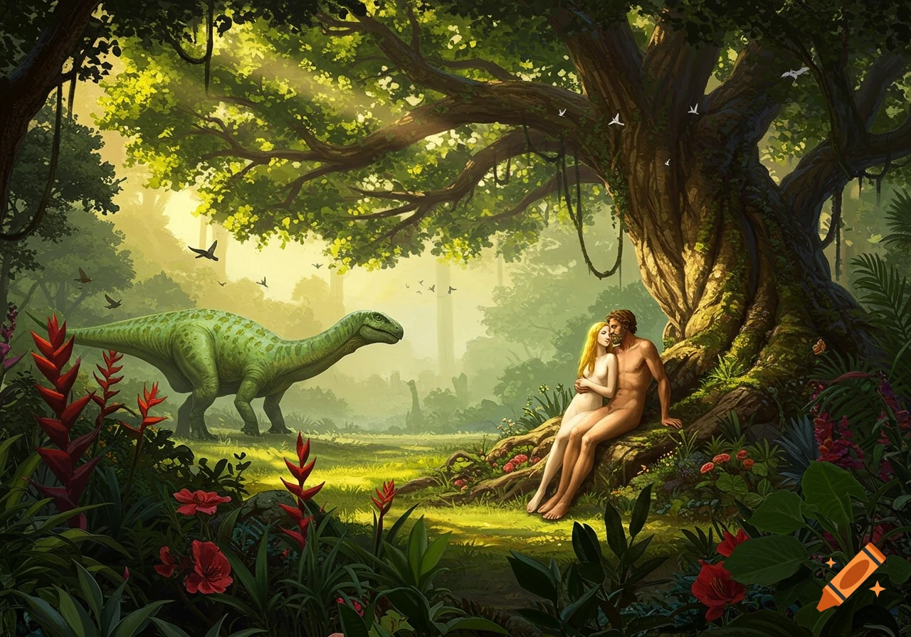 Digital painting of Adam and Eve embracing under a large tree in a lush, sunlit paradise, with a dinosaur in the background.