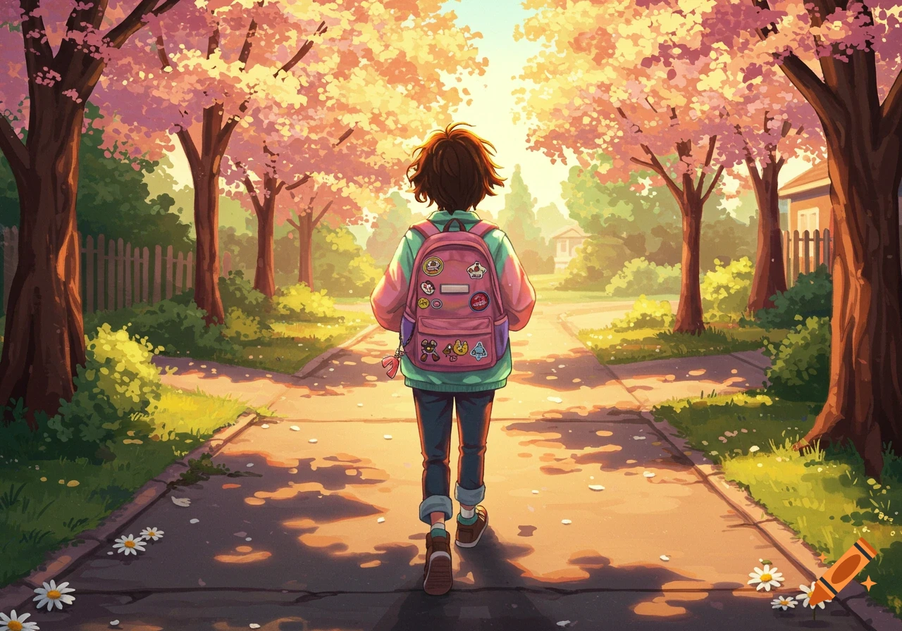 A student with a pink backpack walks down a cherry blossom-lined path on a sunny day in an anime style.