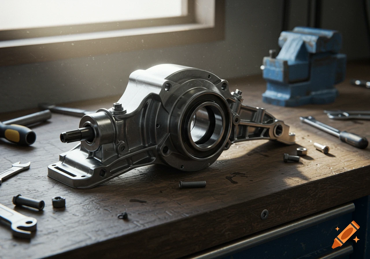 Photorealistic image of a detailed car part on a mechanic's workbench with tools, illuminated by natural window light.