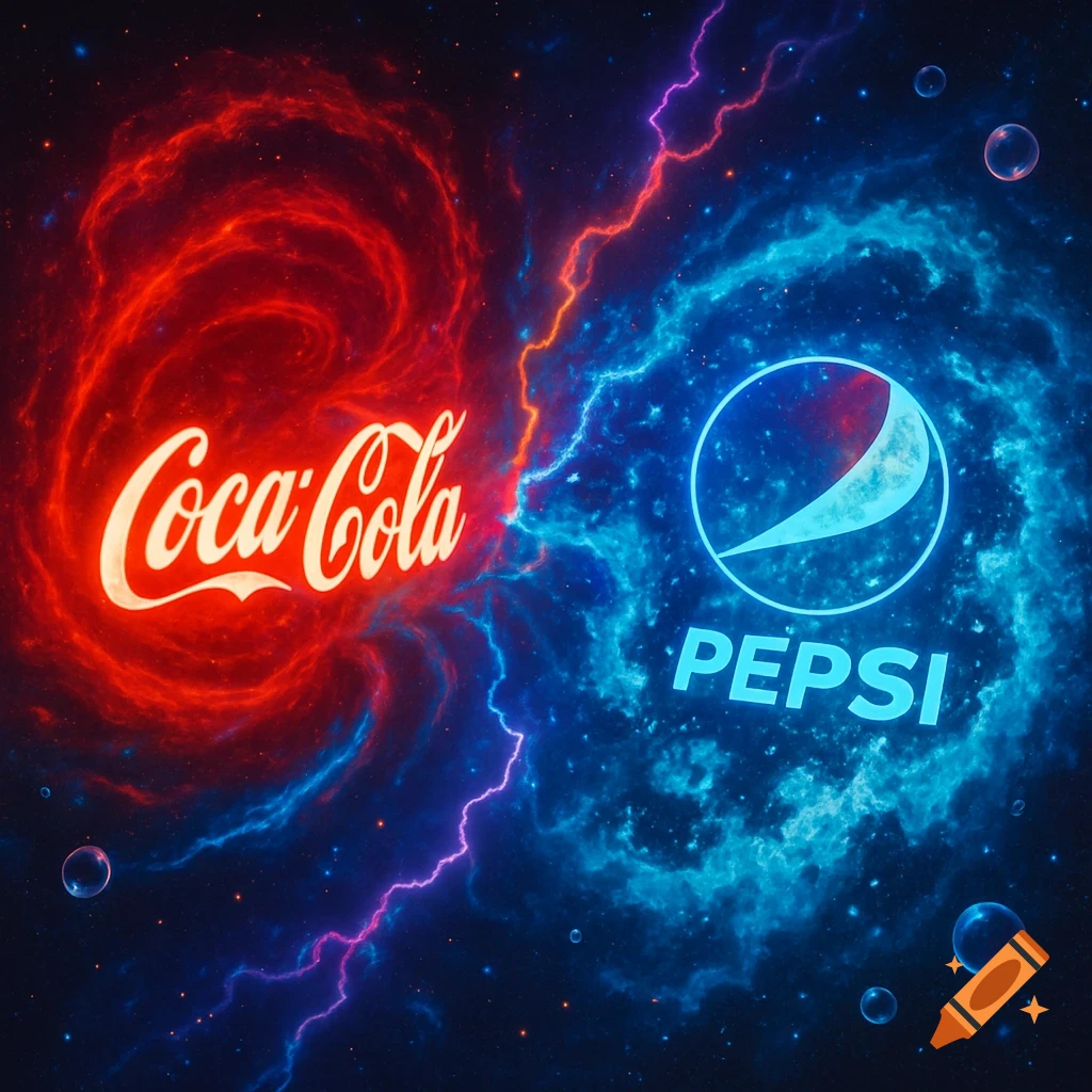 Glowing Coca-Cola and Pepsi logos in a cosmic battle of red and blue nebulae with lightning.