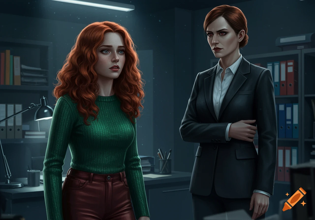 Digital art of a red-haired woman in a green sweater looking concerned, standing opposite a stern woman in a black suit in an office.