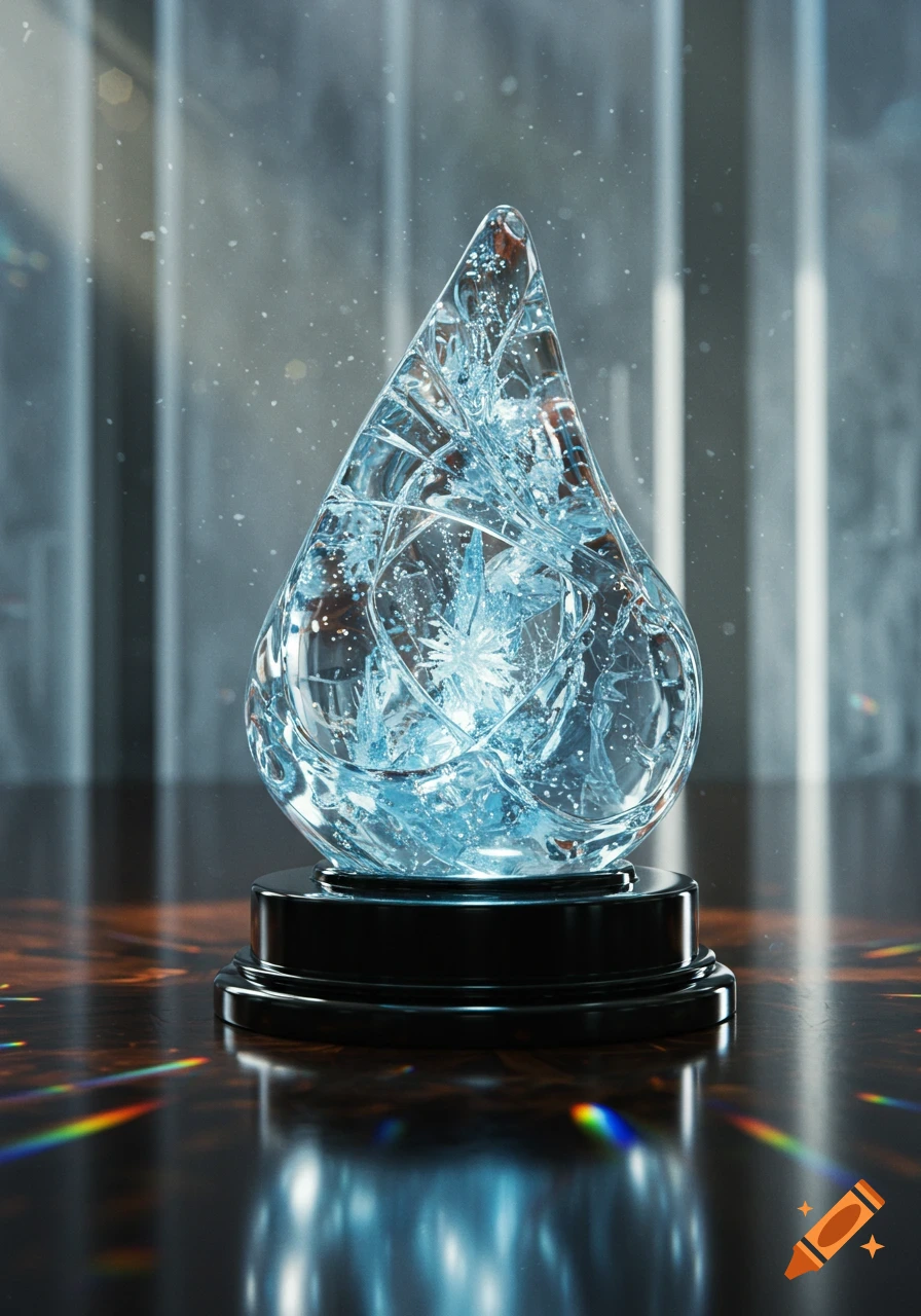 A photorealistic glass teardrop-shaped trophy with icy blue fractured patterns on a black base, reflecting light on a wooden surface.