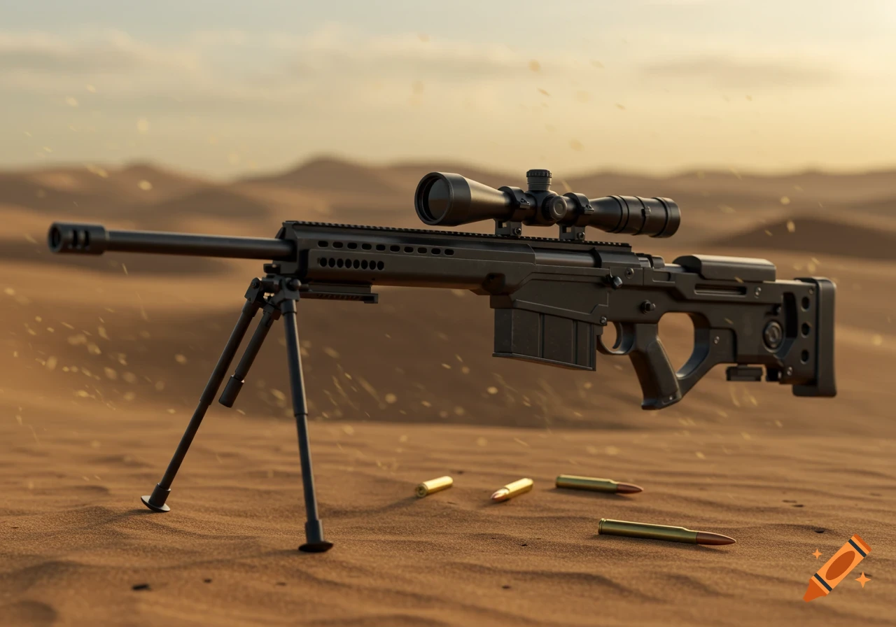 A black Barrett M82A1 sniper rifle with a scope and bipod rests on sand dunes in a photorealistic desert scene, with ammunition scattered nearby.