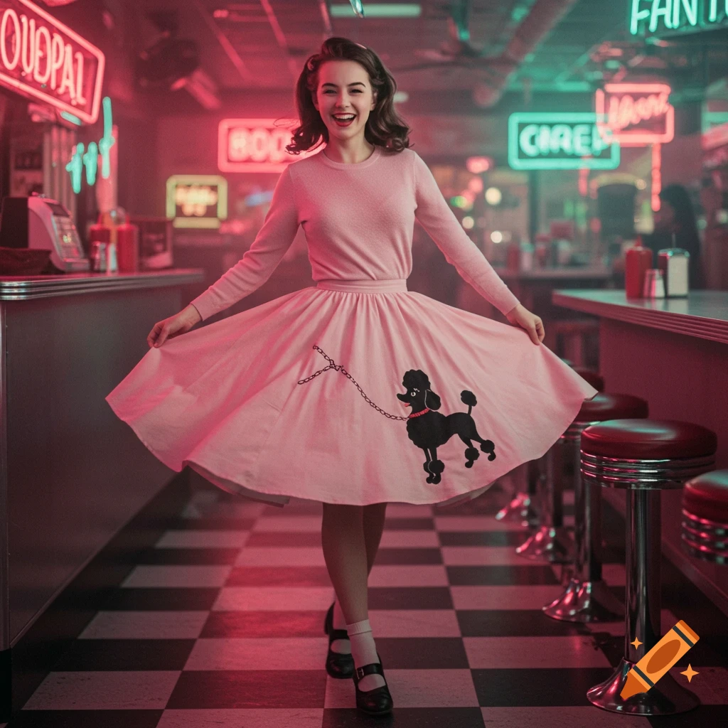 A smiling young woman in a pink poodle skirt poses in a retro 1950s diner with neon signs.