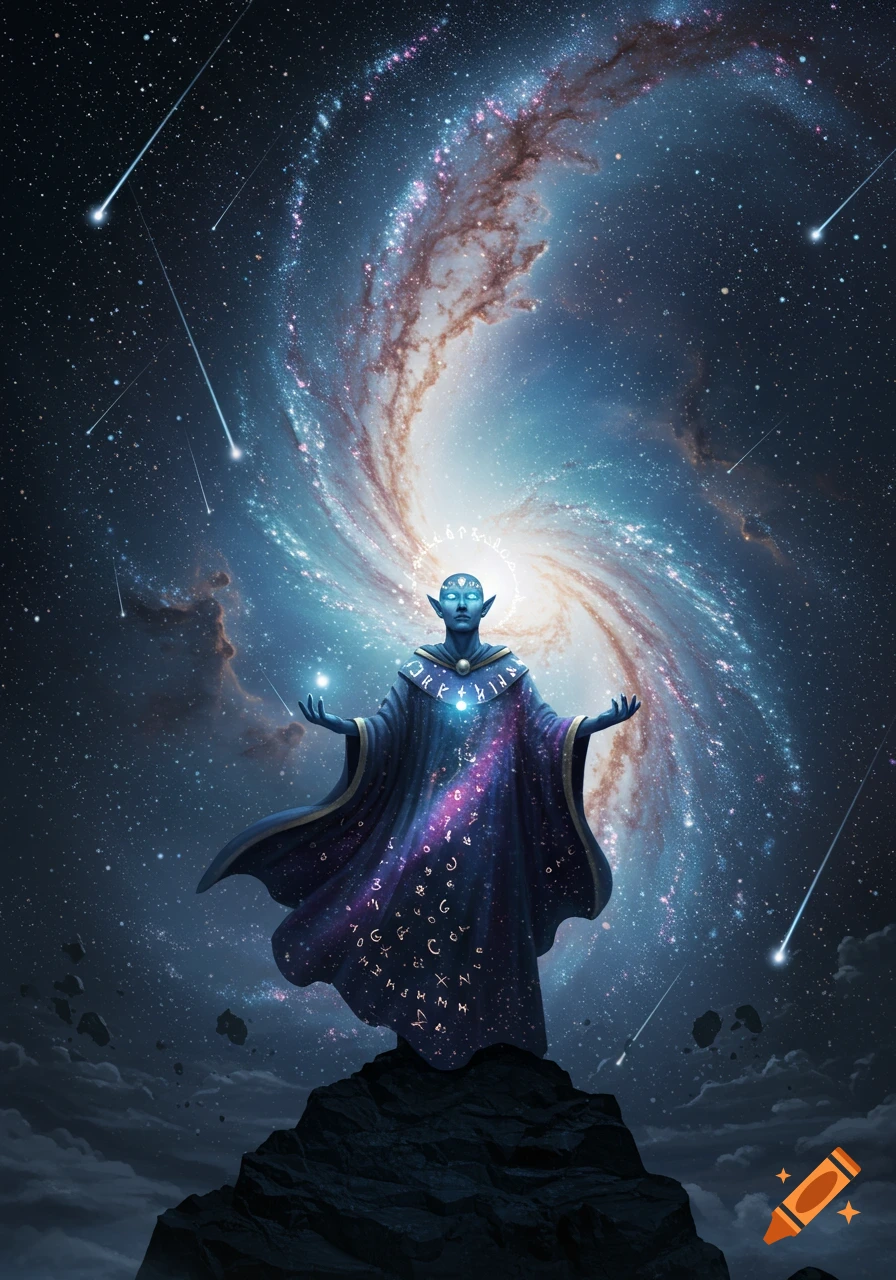 A blue-skinned wizard with glowing eyes and runic symbols on his cloak stands on a rocky peak under a swirling galaxy with shooting stars.