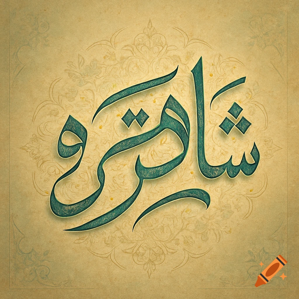 Elegant teal Persian calligraphy spelling "Shah Tareh" on a textured beige background with subtle ornamental patterns.