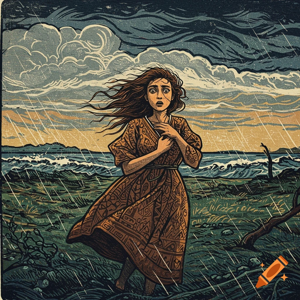A young woman with wide, panicked eyes and wind-blown hair stands in a field by a stormy sea under a dark, rainy sky, in a woodblock print style.
