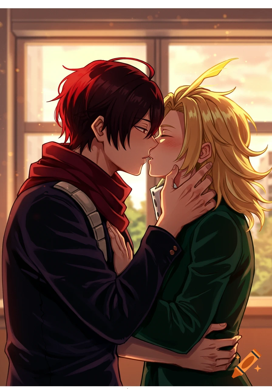Anime illustration of two male characters, Shota Aizawa and Present Mic, kissing affectionately in a classroom at sunset.