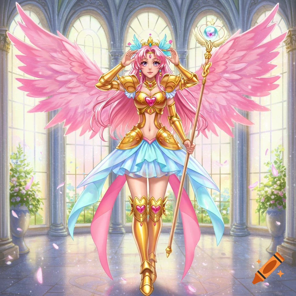 An anime magical girl with pink wings, golden armor, and a blue skirt stands in a bright palace, holding a staff.