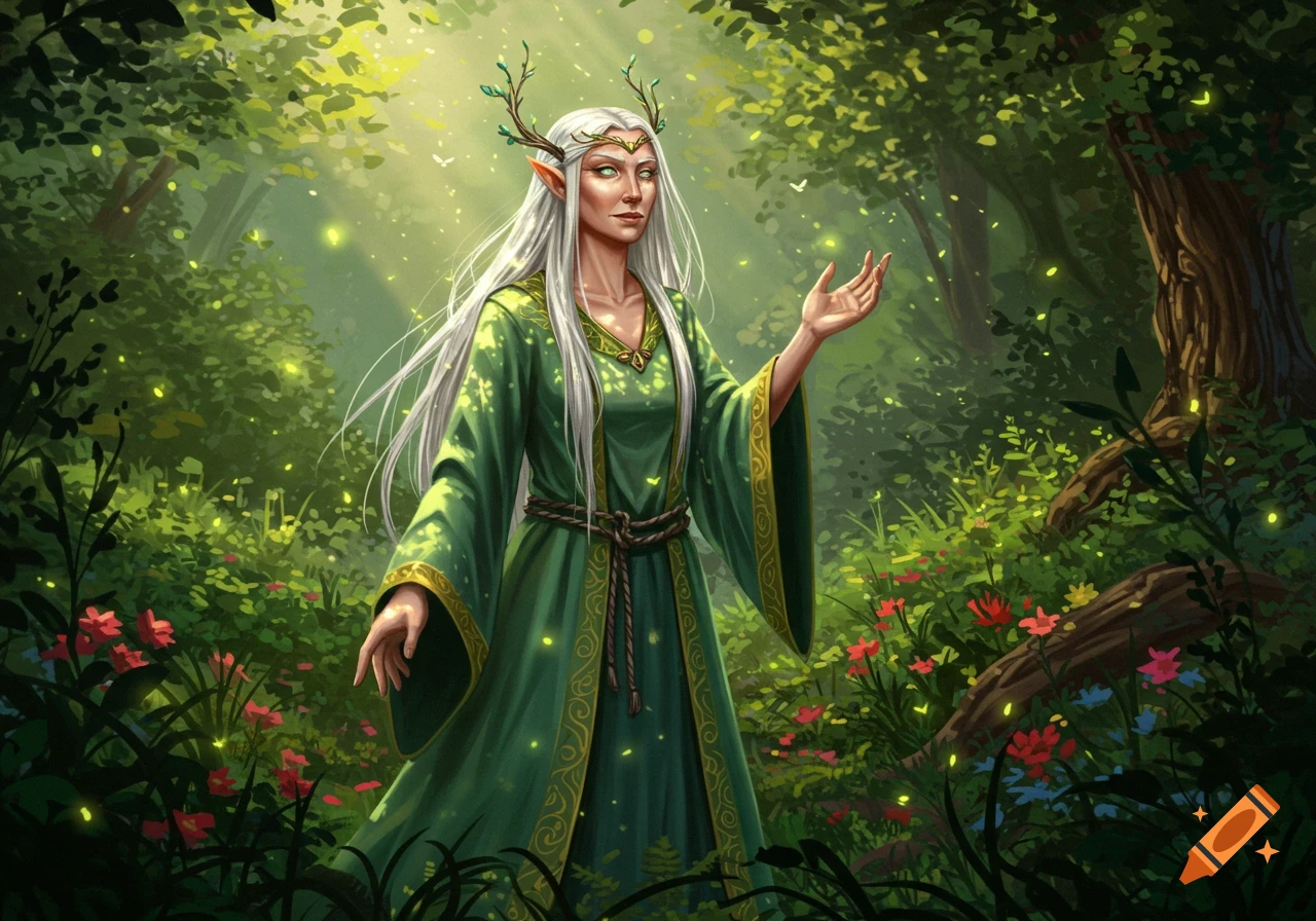An elderly elf woman with long white hair and a green robe stands in a ...