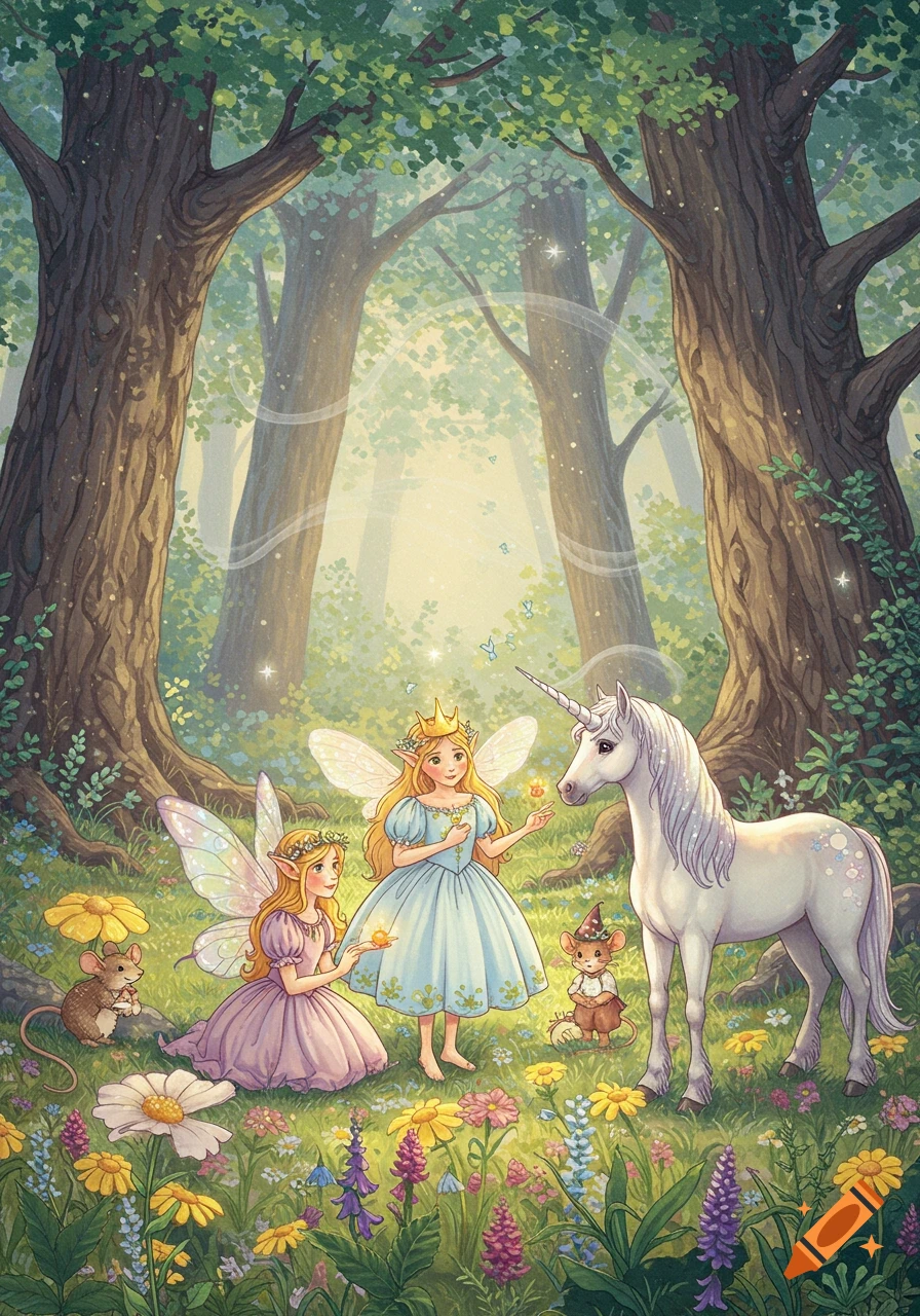 Two fairies, a unicorn, and two mice in a sunny, enchanted forest filled with colorful flowers, in an illustrative style.
