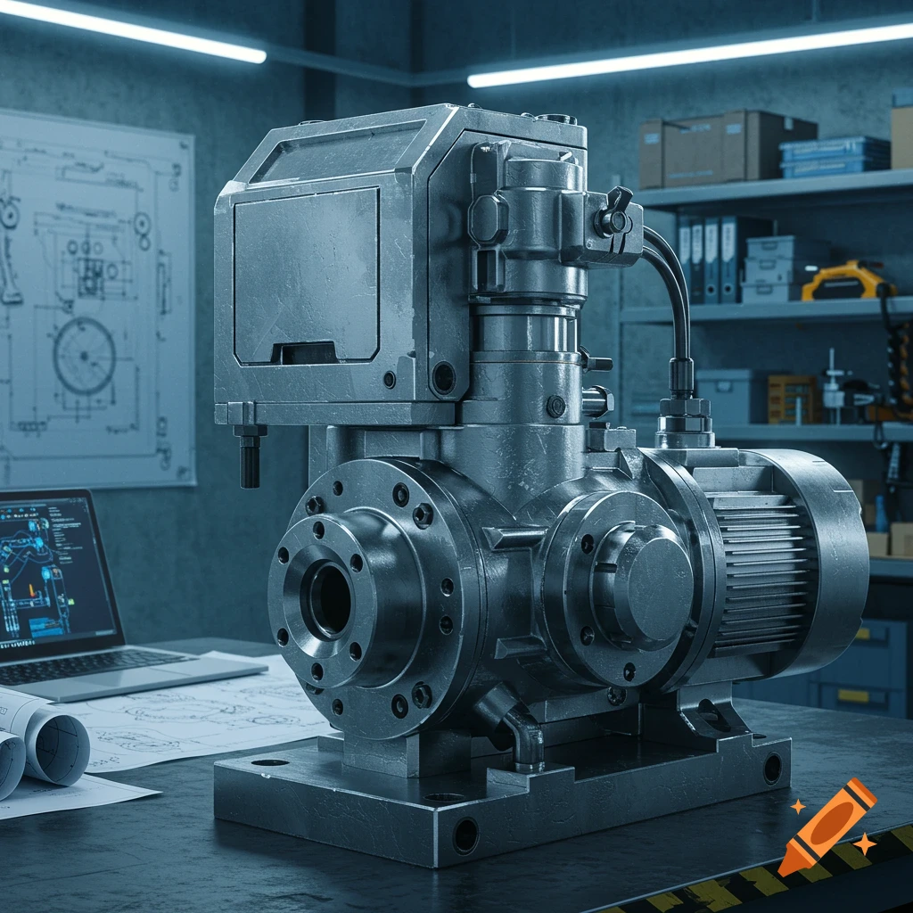 A photorealistic metallic industrial pump sits on a workbench with blueprints and a laptop in a workshop.